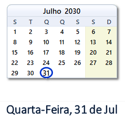 31 Julho 2030 calendario