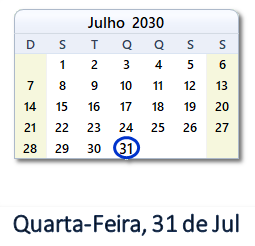 31 Julho 2030 calendario