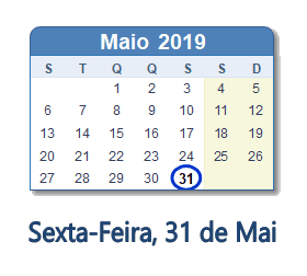 31 Maio 2019 calendario