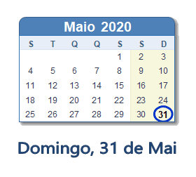 31 Maio 2020 calendario