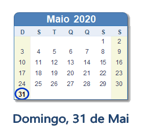 31 Maio 2020 calendario