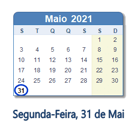 31 Maio 2021 calendario