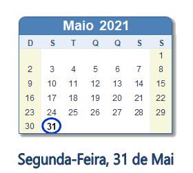 31 Maio 2021 calendario