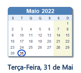 31 Maio 2022 calendario