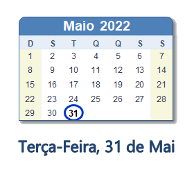 31 Maio 2022 calendario
