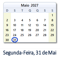 31 Maio 2027 calendario
