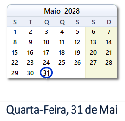 31 Maio 2028 calendario