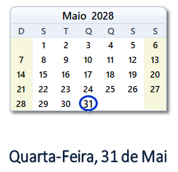 31 Maio 2028 calendario