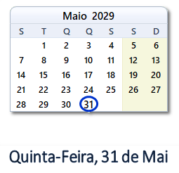 31 Maio 2029 calendario