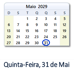 31 Maio 2029 calendario