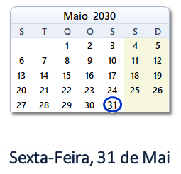 31 Maio 2030 calendario