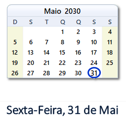 31 Maio 2030 calendario