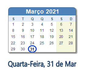 31 Março 2021 calendario