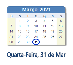 31 Março 2021 calendario