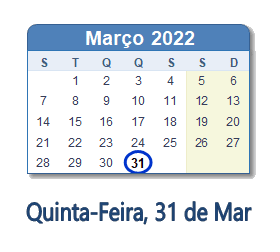 31 Março 2022 calendario