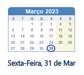 31 Março 2023 calendario