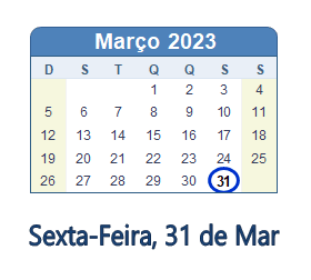 31 Março 2023 calendario