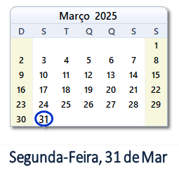 31 Março 2025 calendario