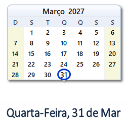 31 Março 2027 calendario