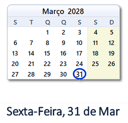 31 Março 2028 calendario