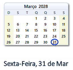 31 Março 2028 calendario
