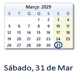 31 Março 2029 calendario