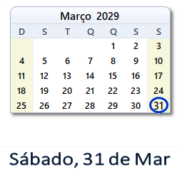 31 Março 2029 calendario