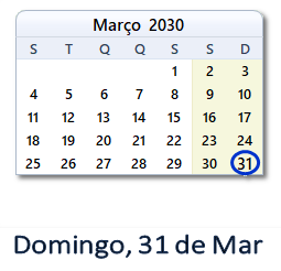31 Março 2030 calendario