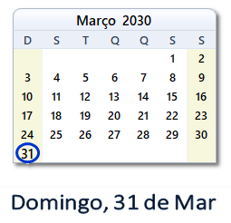 31 Março 2030 calendario