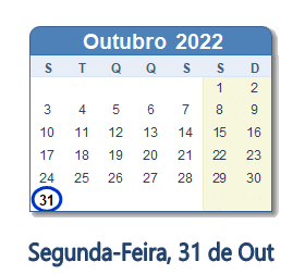 31 Outubro 2022 calendario