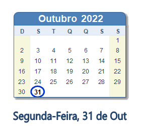 31 Outubro 2022 calendario