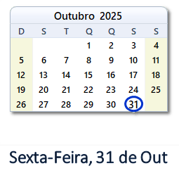 31 Outubro 2025 calendario