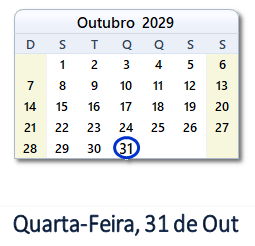 31 Outubro 2029 calendario