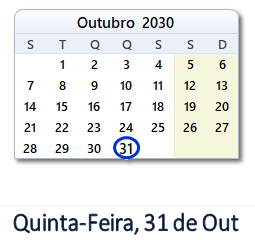 31 Outubro 2030 calendario