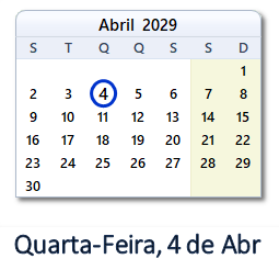 4 Abril 2029 calendario