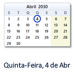 4 Abril 2030 calendario
