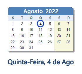 4 Agosto 2022 calendario