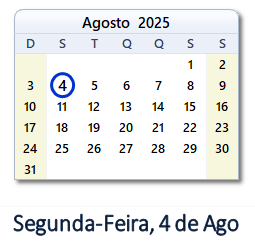 4 Agosto 2025 calendario