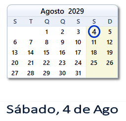4 Agosto 2029 calendario