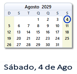 4 Agosto 2029 calendario