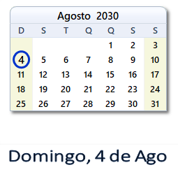 4 Agosto 2030 calendario