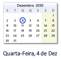 4 Dezembro 2030 calendario