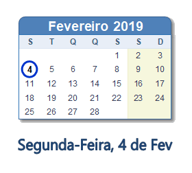 4 Fevereiro 2019 calendario