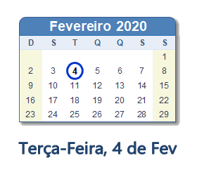 4 Fevereiro 2020 calendario