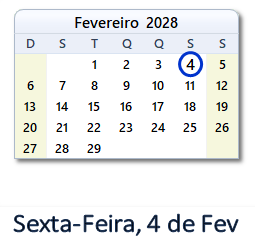 4 Fevereiro 2028 calendario