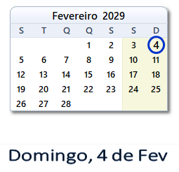 4 Fevereiro 2029 calendario