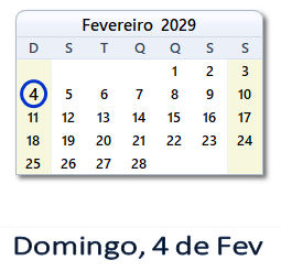 4 Fevereiro 2029 calendario