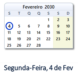 4 Fevereiro 2030 calendario