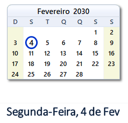 4 Fevereiro 2030 calendario