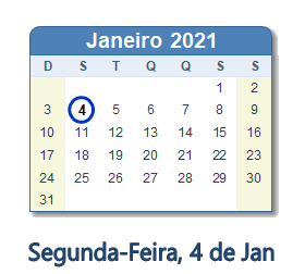 4 Janeiro 2021 calendario